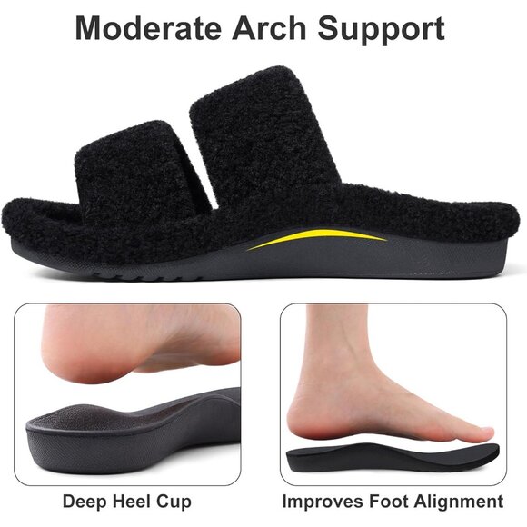Women's Fuzzy Moderate Arch Support Open Toe Cozy Bedroom Black Slippers  Shoes - Picture 3 of 6